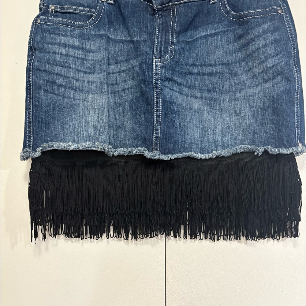 Wrangler Blue Denim Skirt with Black Fringe - Picture 2 of 10